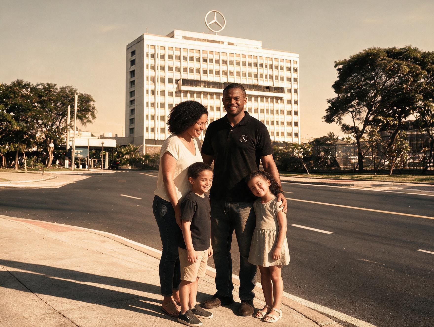 Família de um colaborador em frente ao prédio administrativo da Mercedes-Benz em São Bernardo do Campo, com a estrela de três pontas no topo